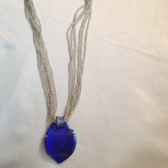 Vintage Six Strand Beaded Blue and Silver Glass Pendant Necklace - Picture 5 of 9